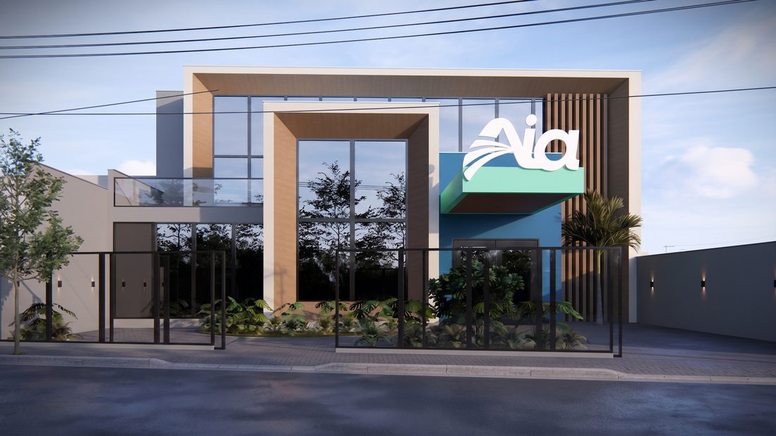 Fachada da primeira unidade Aia durante o dia, com o letreiro na entrada